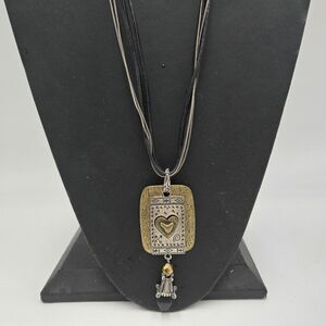 Vintage CHICO'S 2 tones Square Heart Pendant on 30" Leather Ropes